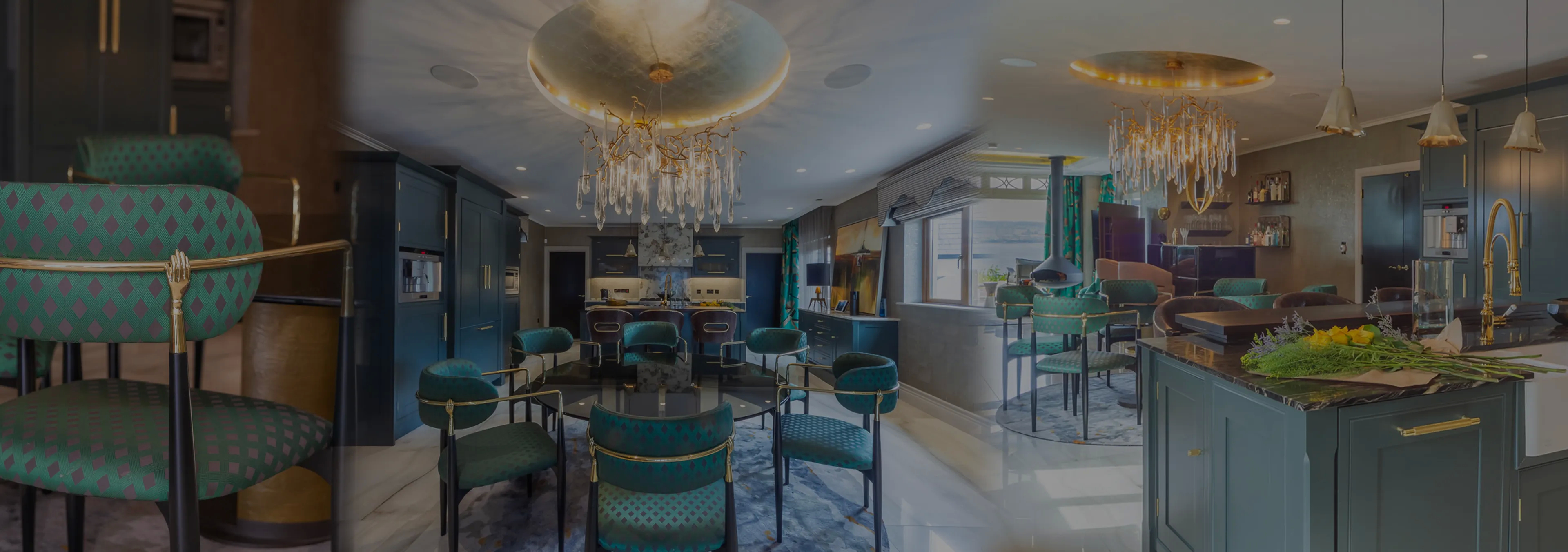 Labor of Love: Two Naomi chairs with golden velvet upholstery and black legs, with a decorative glass vase.