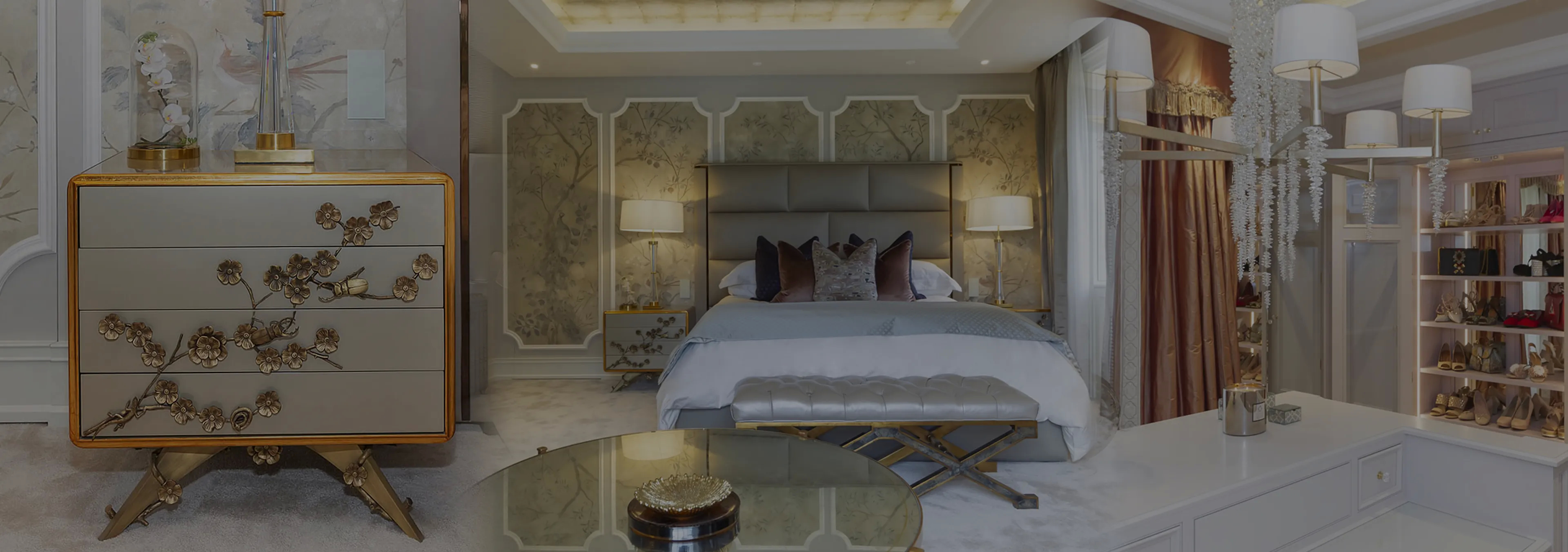 Labor of Love: Two Naomi chairs with golden velvet upholstery and black legs, with a decorative glass vase.