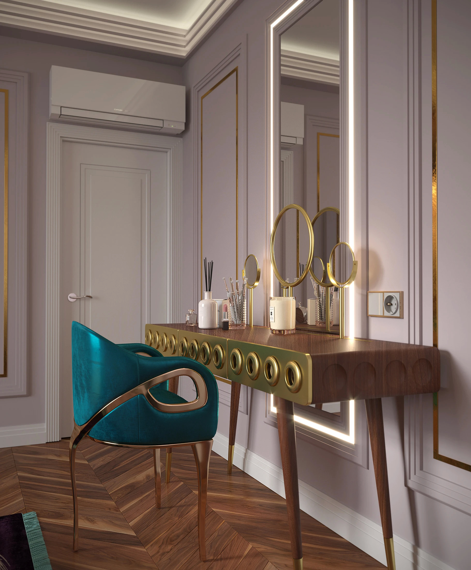 The Dream Bedroom features a chic dressing area with a Monocles Dressing Table and a luxurious Chandra Chair.