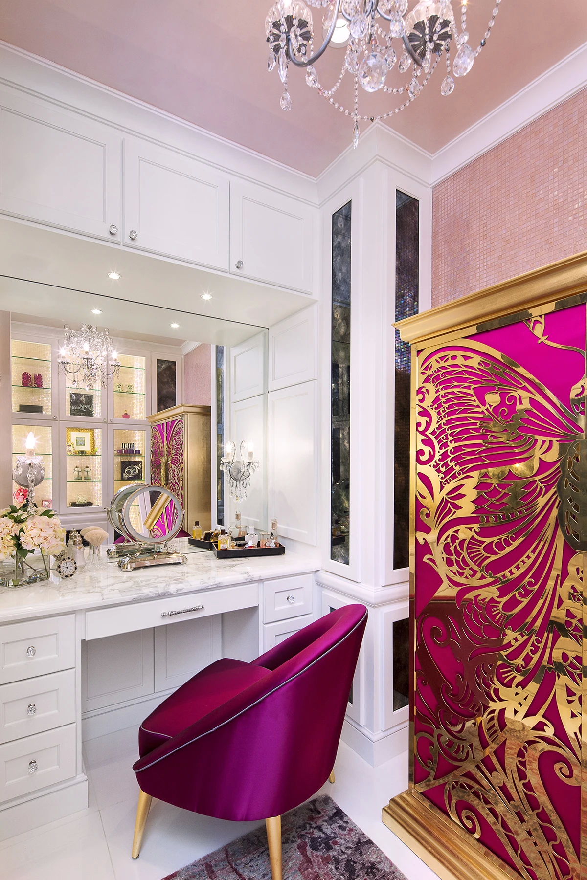 A pink dressing room showcasing Koket's Mademoiselle Armoire, a luxurious piece in the Private Residence project.