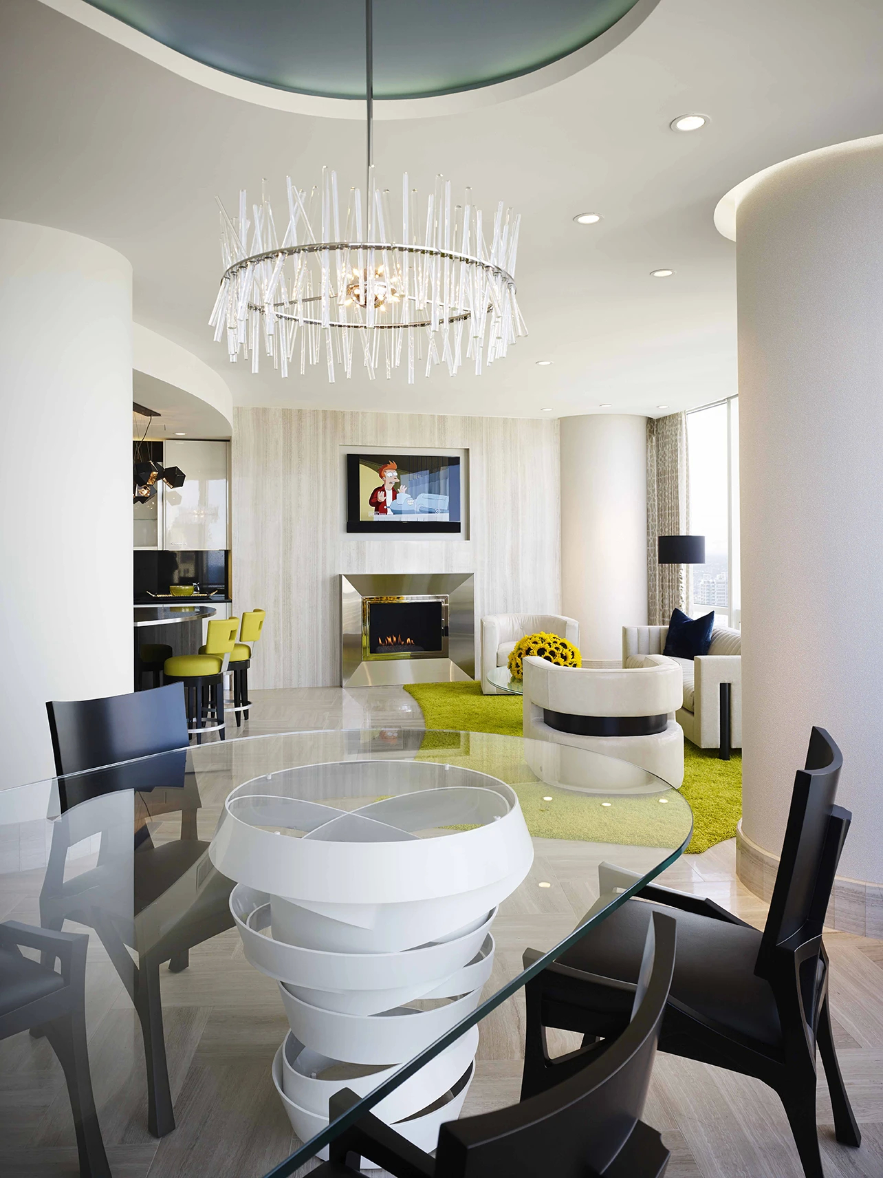 A sophisticated dining room featuring Koket's Intuition Dining Table in the Trump International Tower.