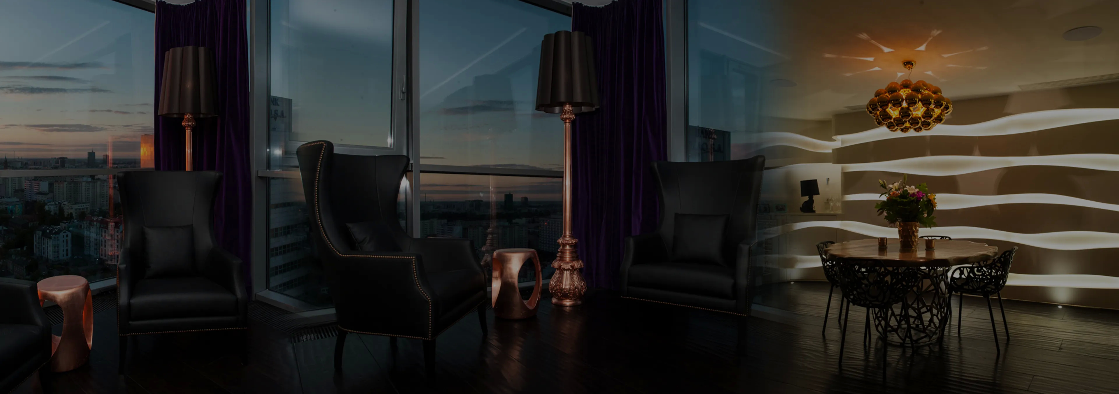 Labor of Love: Two Naomi chairs with golden velvet upholstery and black legs, with a decorative glass vase.