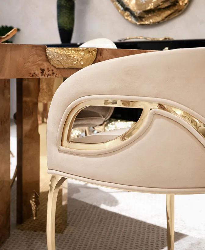 Upholstery and polished brass detail at the Dubai showroom