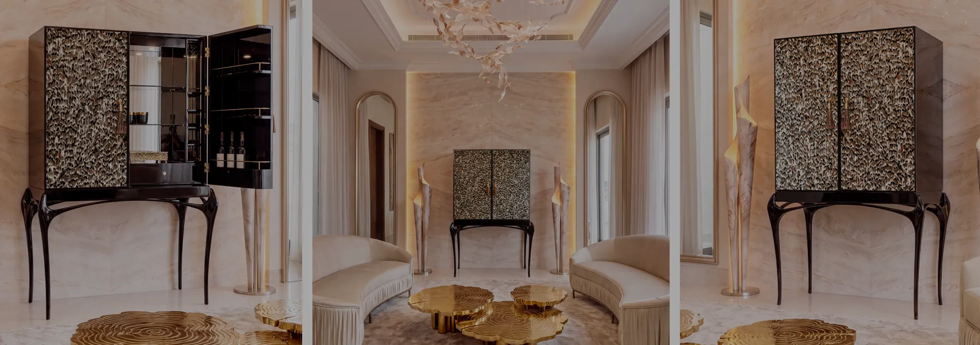 A luxurious living room featuring with three temptation bar cabinet