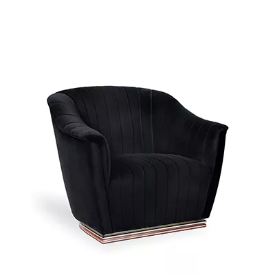 Armchair, with smooth and curved lines, fully upholstered with smooth black fabric, and base that combines three colors of metals, silver, gold and copper.
