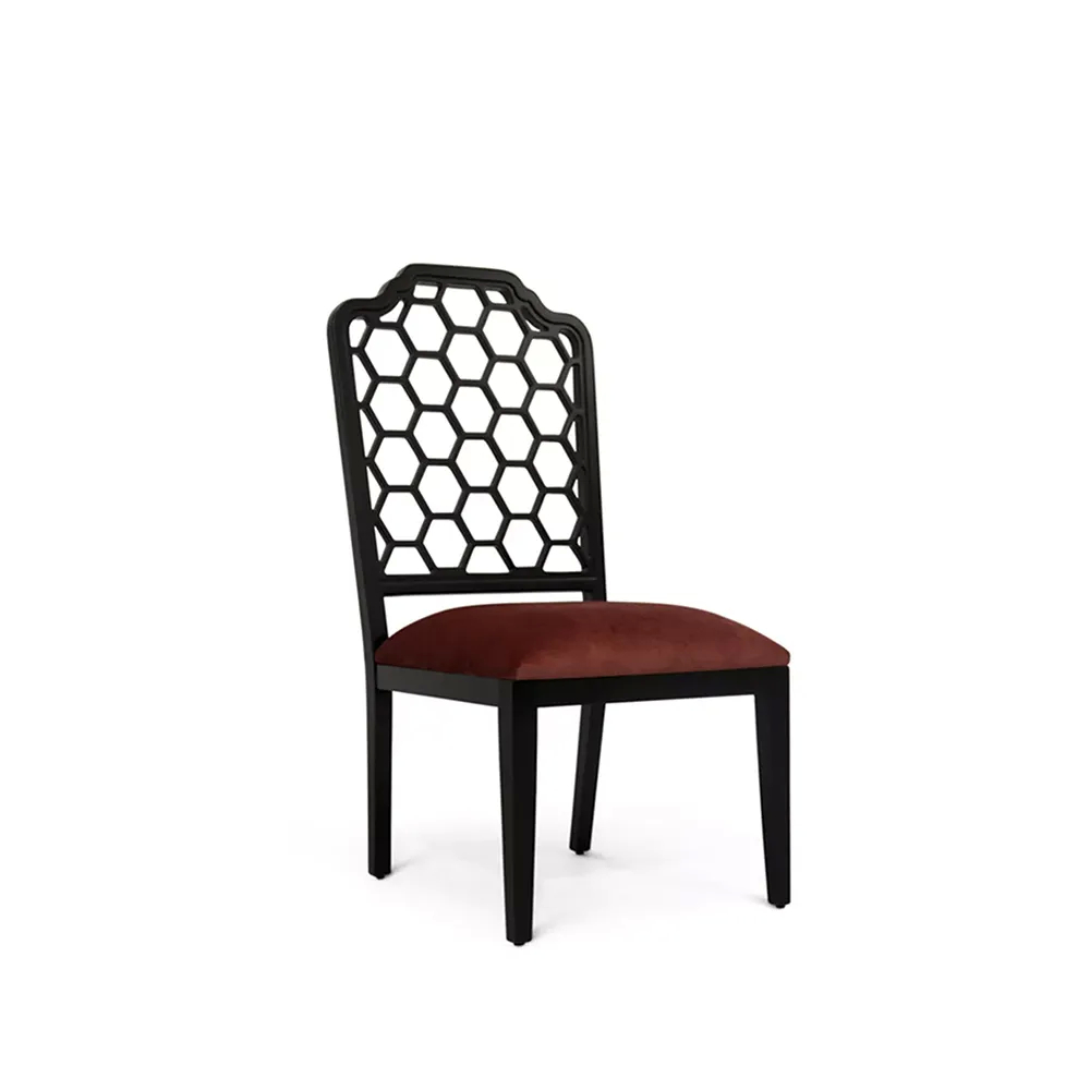Asian-inspired dining chair with black lacquer frame and red upholstered seat.