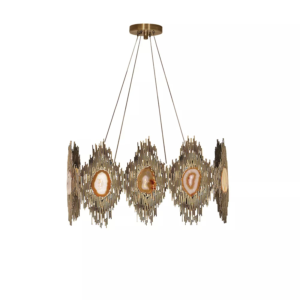 Vintage style chandelier, which combines neutral and dark tones, in which the light passes through the patterns of agate stones, which are embraced by golden metal.