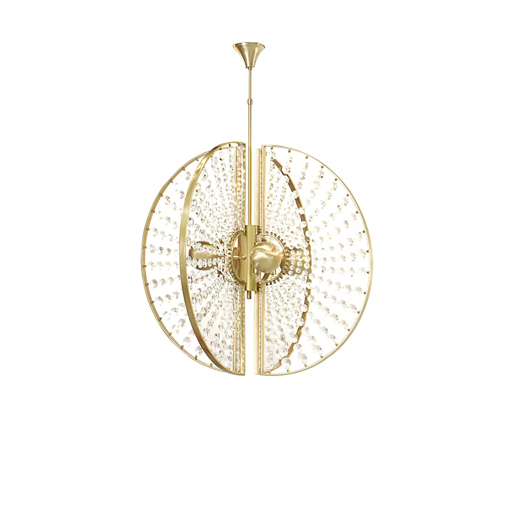 Chandelier with four decadent metal orbs that are surrounded by glittering crystal sunburst panels surrounded and by a metal halo.