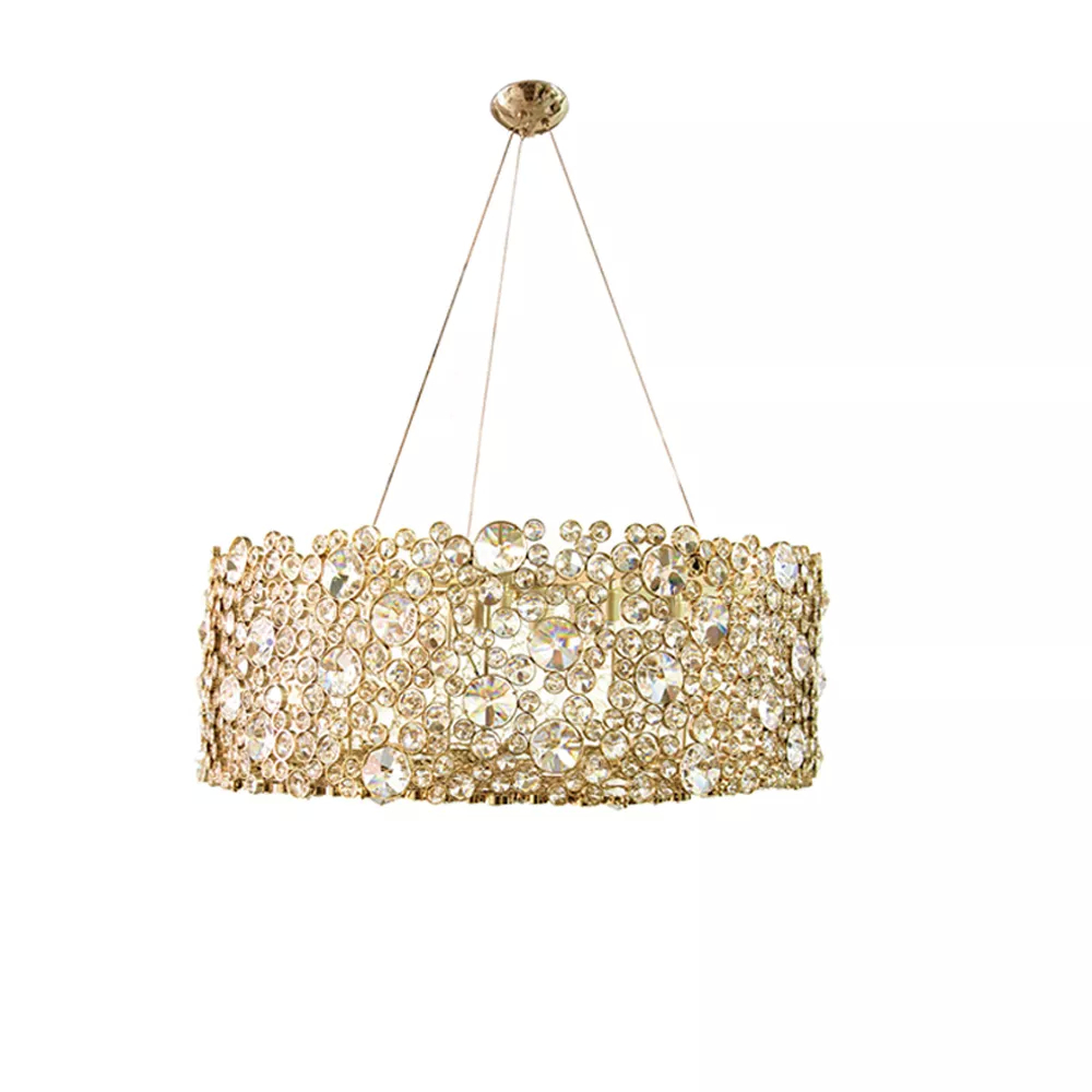 Chandelier composed of crystals wrapped in brass.