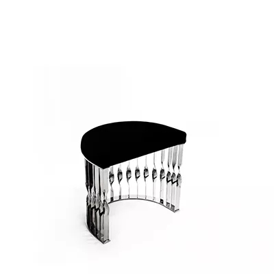 Stool with black upholstered seat and stainless steel base.