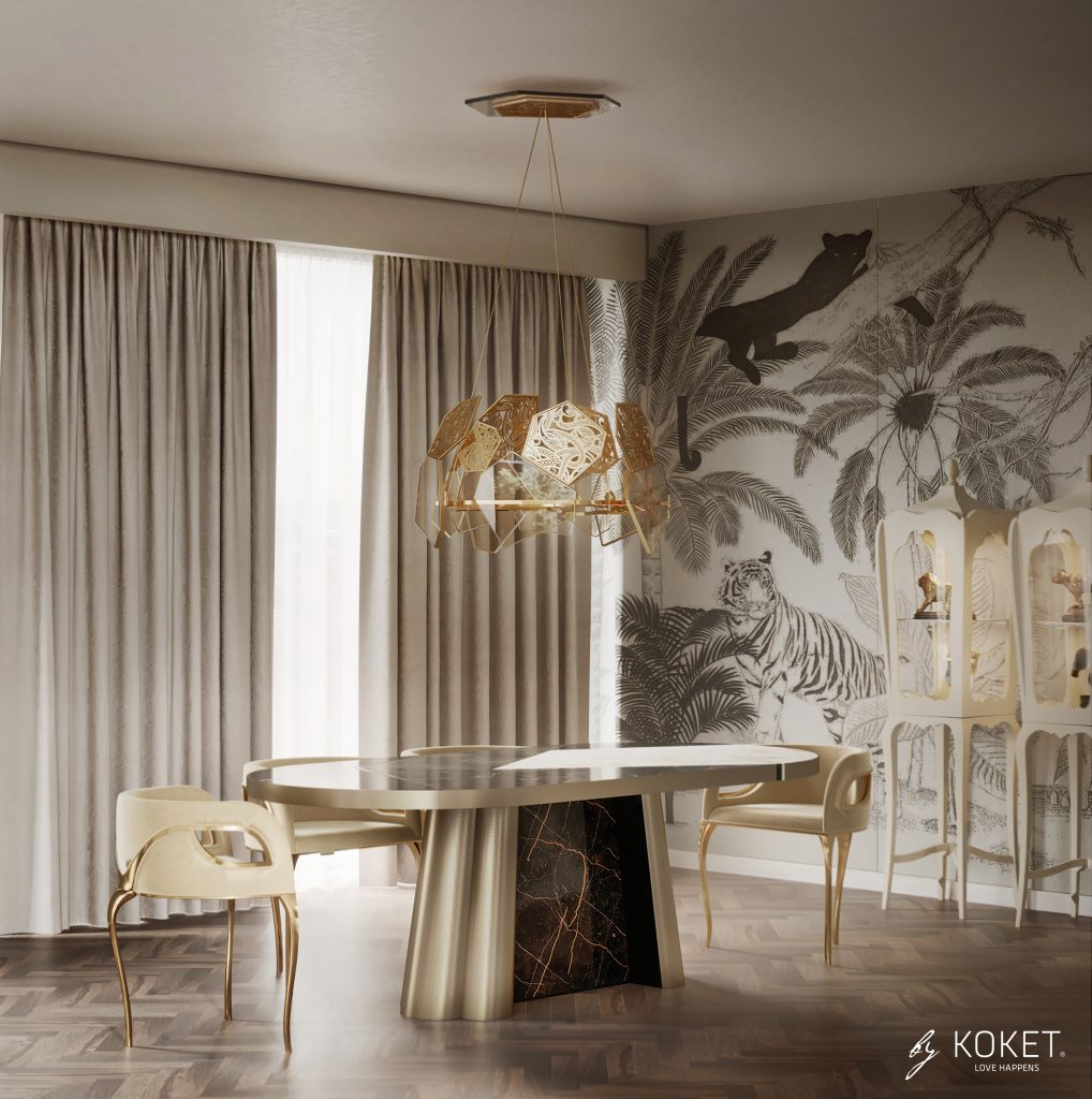 Interior by KOKET Featuring the Chandra Chair, Decodiva Table and Hypnotic Chandelier