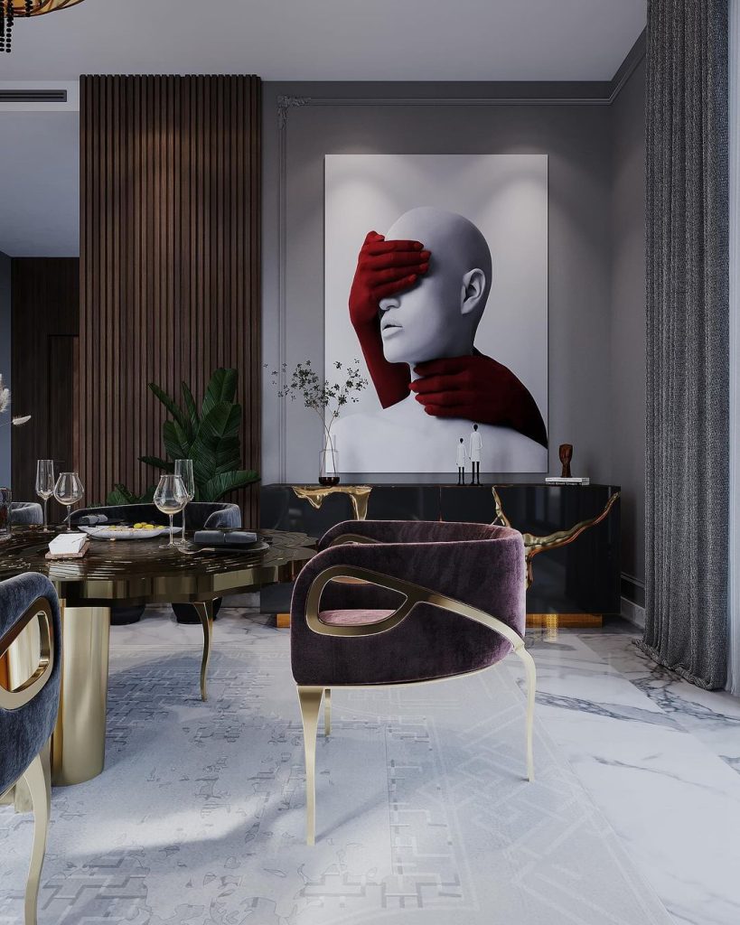 KOKET, dining room, gold, statement, statement piece, luxury, dining chair, upholstery