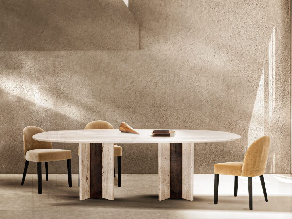 travertine marble reveals its distinct, porous texture and earthy tones, ranging from creamy beige to rich walnut hues. The surface features natural pits and grooves, characteristic of this sedimentary rock, giving it a rustic, warm appearance. Commonly used in flooring, countertops, and outdoor applications, travertine marble evokes a sense of timeless, natural elegance.