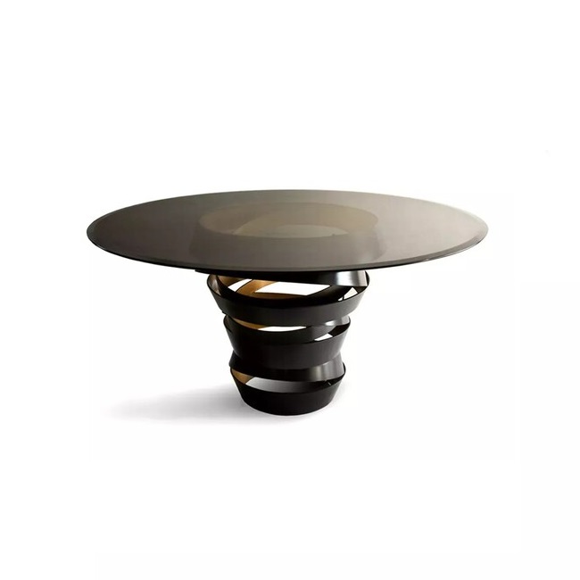 Intuition Dining Table: Smoked glass tabletop on a swirling two-tone metal structure, black on the outside and golden on the inside.