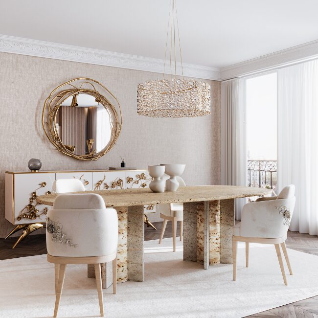 Eternity Chandelier by KOKET, a luxurious brass and crystal chandelier designed to add glamour to dining spaces.