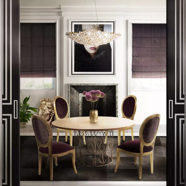 Eternity Demi-Lune Chandelier by KOKET featuring polished brass and crystal details for elegant ambient lighting.