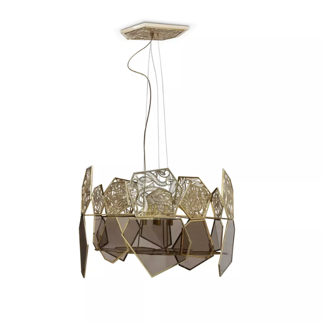 Hypnotic Bronze Glass Chandelier by KOKET, blending bronze glass and brass for a contemporary pendant light design.