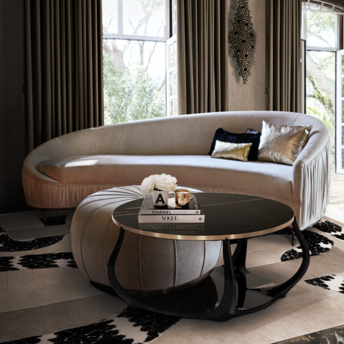 Embrace Table – marble top with upholstered ottoman and lacquered limbs