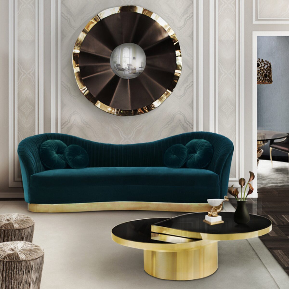 Tears swivel glass table with brass base and modular structure