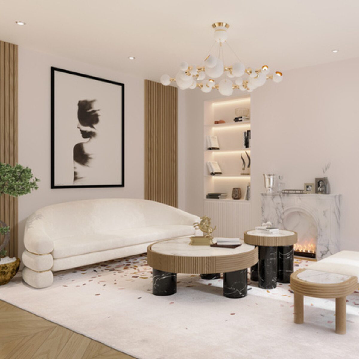 Anjelica nesting coffee table with marble tops and velvet-lined drawers