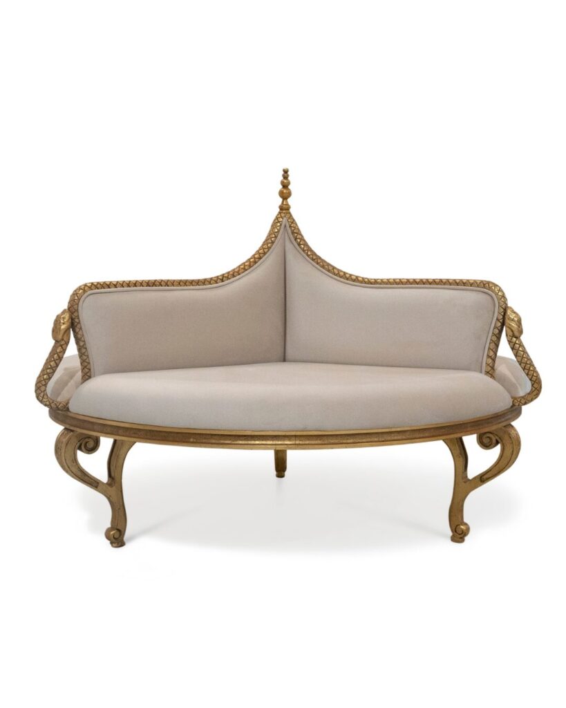 Two-seat bench with a hand-carved serpent frame in gold leaf by KOKET