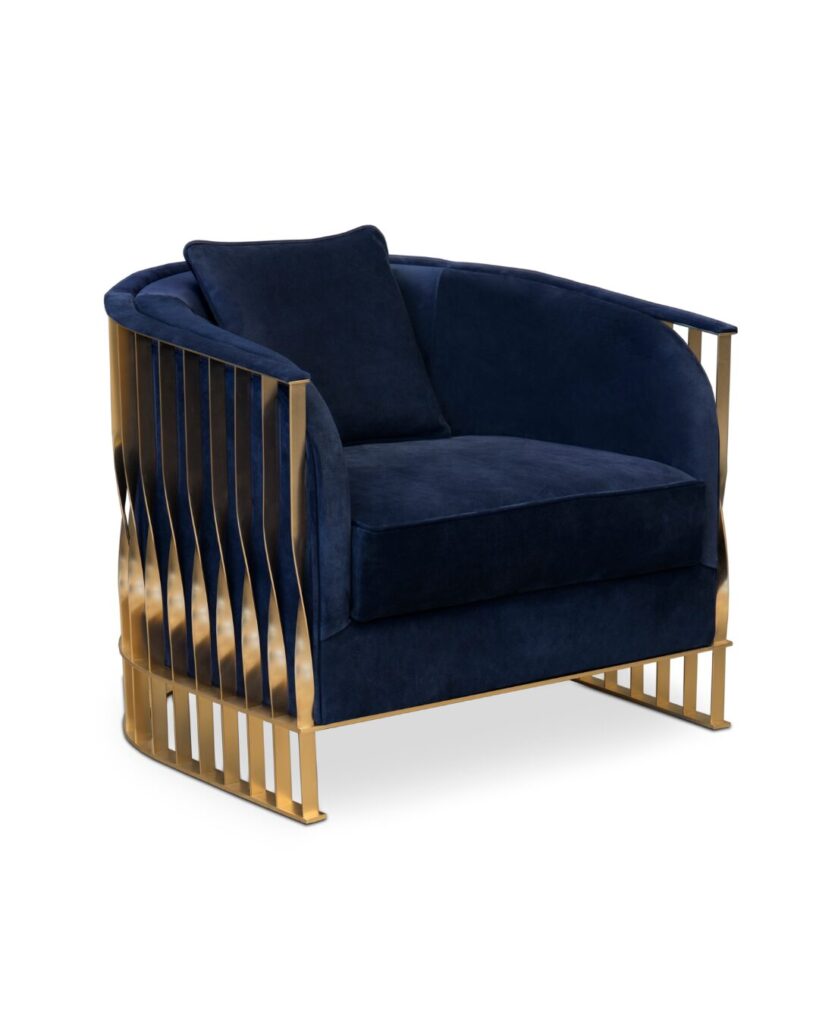 Sculptural armchair with twisted gold base and velvet seat by KOKET