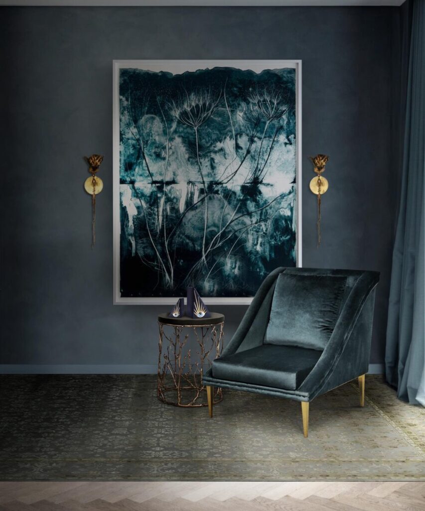 Tranquil living room with ocean blue color palette featuring Geisha Chair and golden accents.