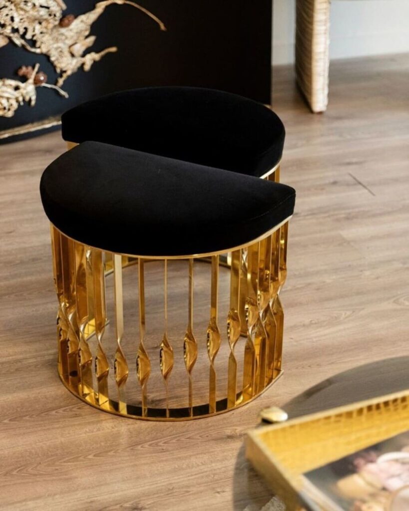 mandy stools koket jewelry inspired metal couture furniture design dubai interiors sculptural luxury