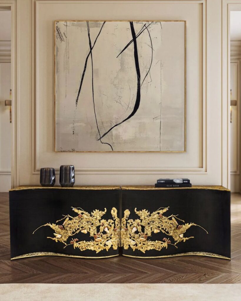 Empress Console by KOKET - sculptural luxury entryway table with brass and crystals