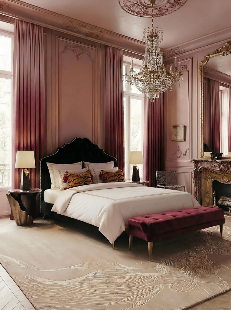 Luxury bedroom with dramatic lighting and upholstered headboard