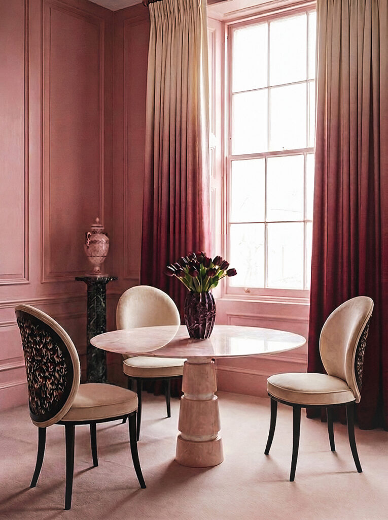 Cinematic dining room with round table and sculptural chairs