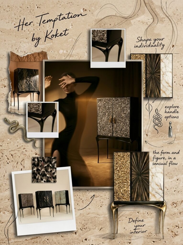 sculptural furniture concept board Her Temptation KOKET with finishes and feminine form inspiration