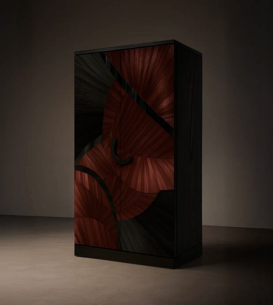 Sculptural bar cabinet in brass and luxury materials by KOKET