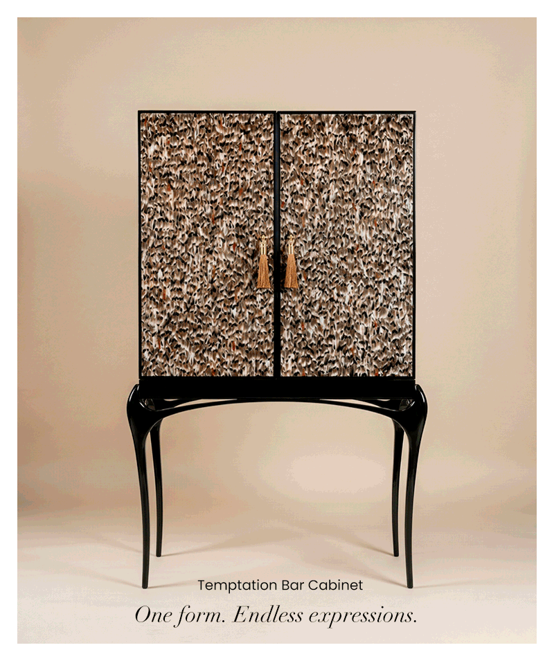 The Temptation bar cabinet by KOKET is a sculptural furniture piece inspired by the feminine form, defined by fluid curves, bold finishes and a strong visual presence within contemporary interiors.