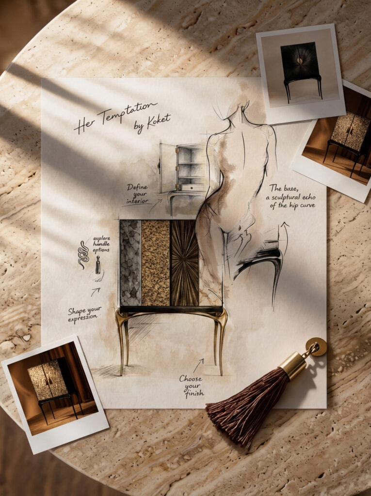 sculptural furniture design sketch inspired by feminine silhouette Temptation bar cabinet KOKET