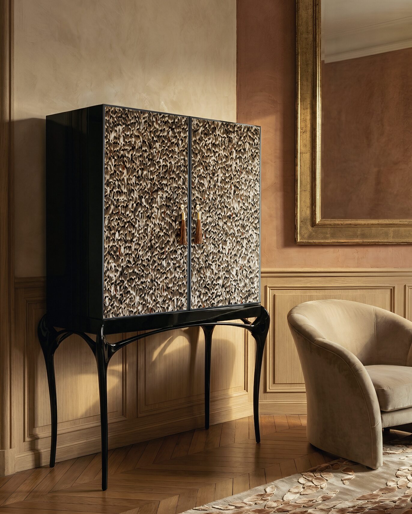 Temptation bar cabinet sculptural furniture KOKET in luxury interior setting with warm tonessculptural furniture KOKET in luxury interior