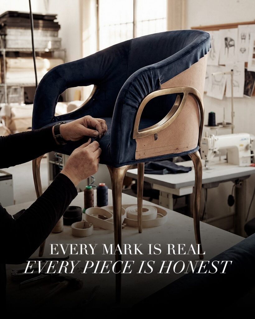 Master artisan's hands upholstering the Chandra Chair in the KOKET atelier, Portugal