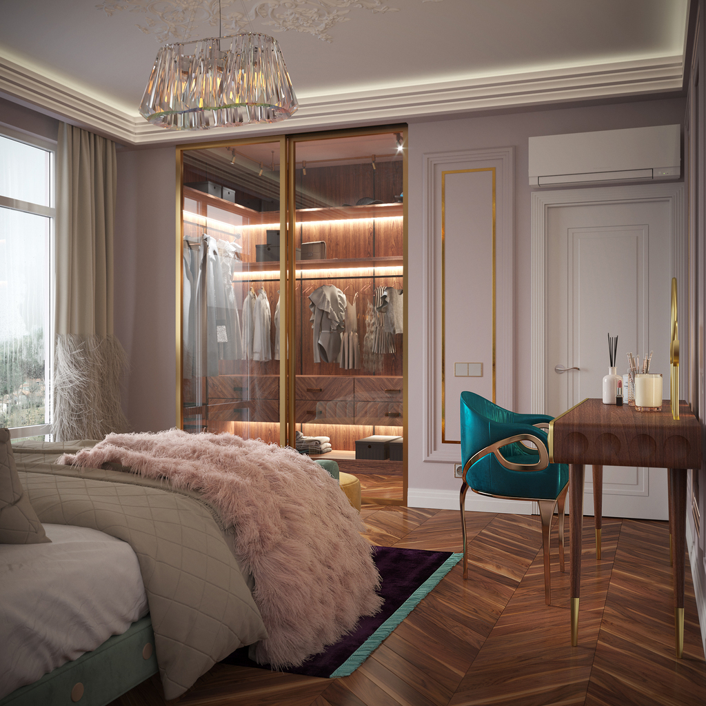 Teal Chandra Chair at a bedroom dressing table in a luxury interior