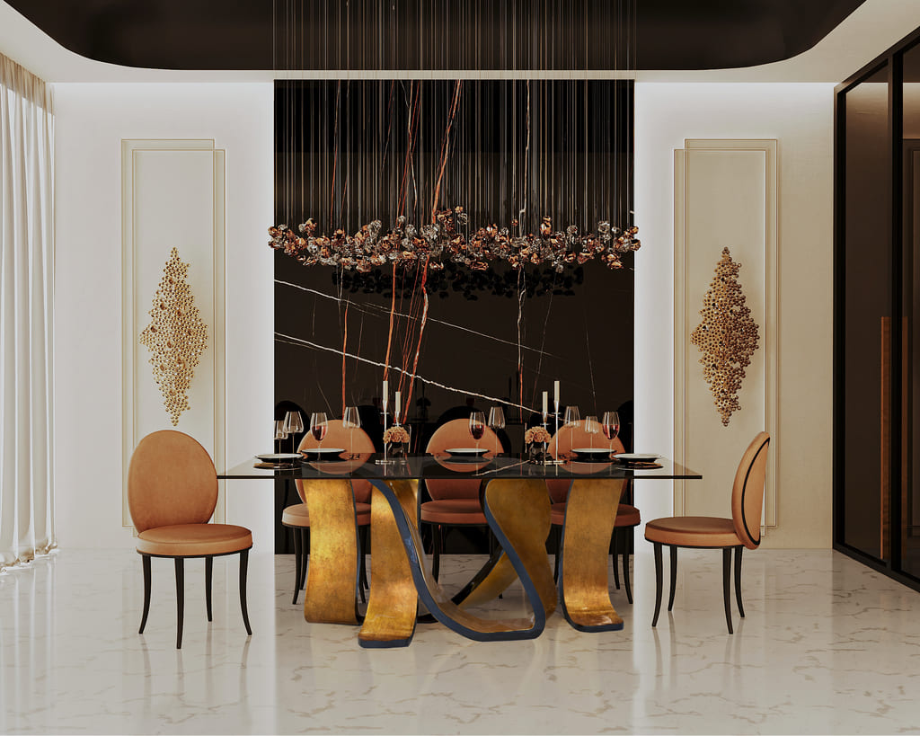 ribbon dining table - luxury dining room design with terracotta colored chairs