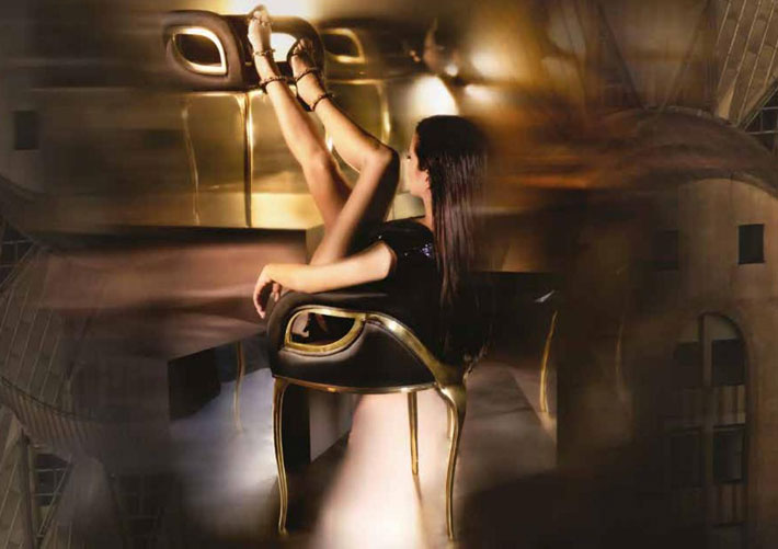 Campaign image of woman draped across the Chandra Chair