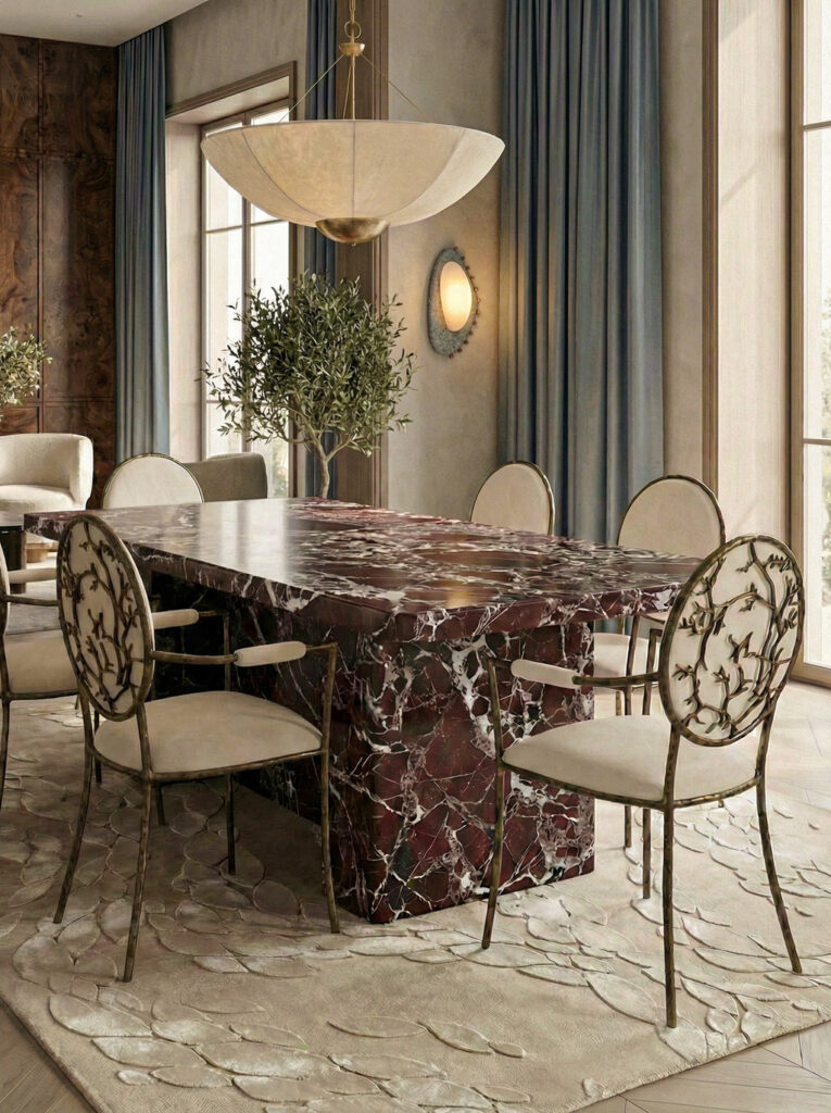 High End Dining Chairs - Enchanted Arm Dining Chair with Branches on Back - Ophidia Rug - KOKET Dining Room Design