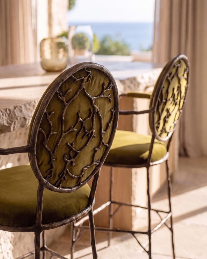 koket enchanted dining chairs in green close up details of metal work
