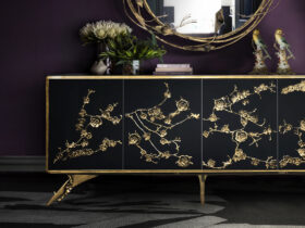 Spellbound Cabinet by KOKET - Midnight Lacquer with Aged Brass Floral Lace