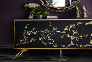 Spellbound Cabinet by KOKET - Midnight Lacquer with Aged Brass Floral Lace