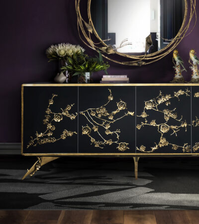 Spellbound Cabinet by KOKET - Midnight Lacquer with Aged Brass Floral Lace