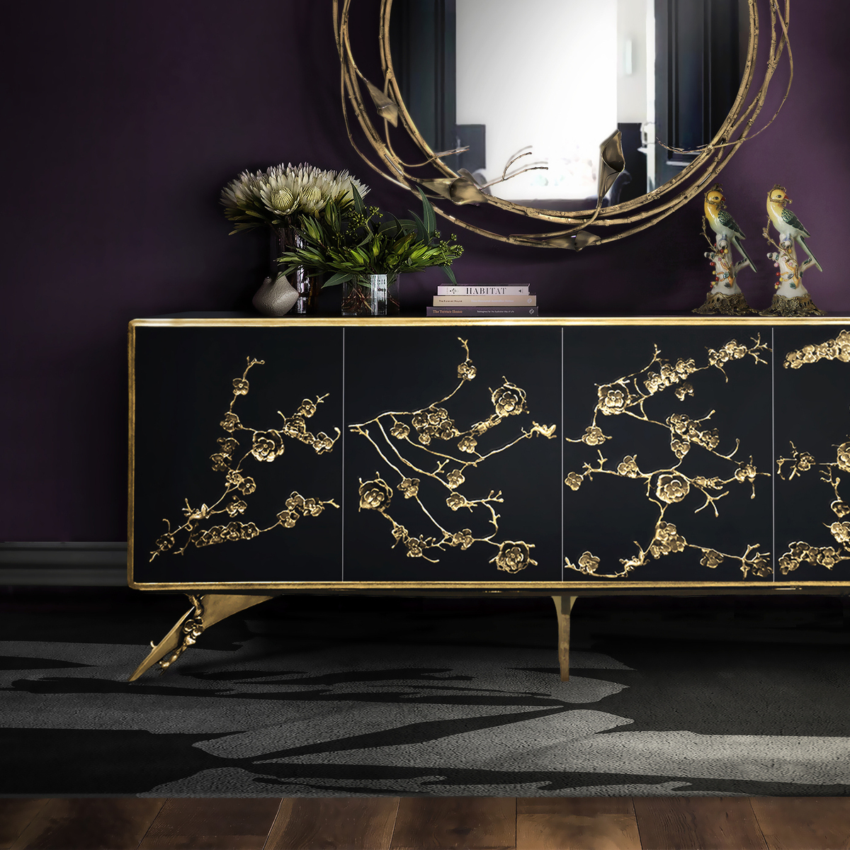 Spellbound Cabinet by KOKET - Midnight Lacquer with Aged Brass Floral Lace