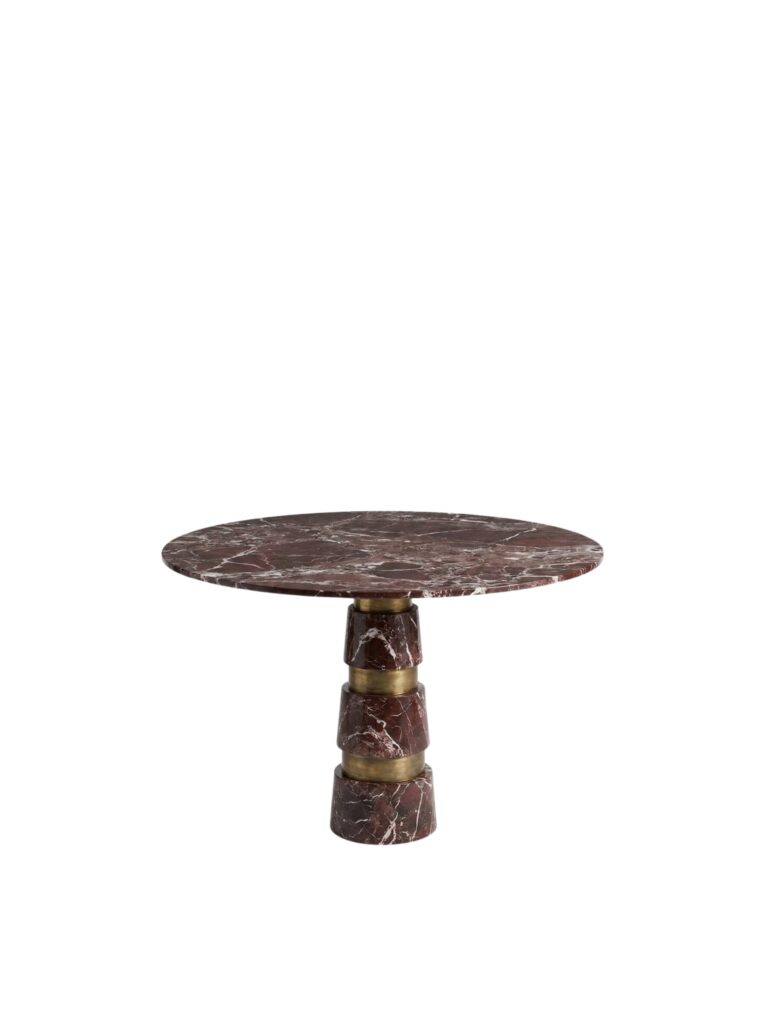 avalanche rose marble and brass dining table