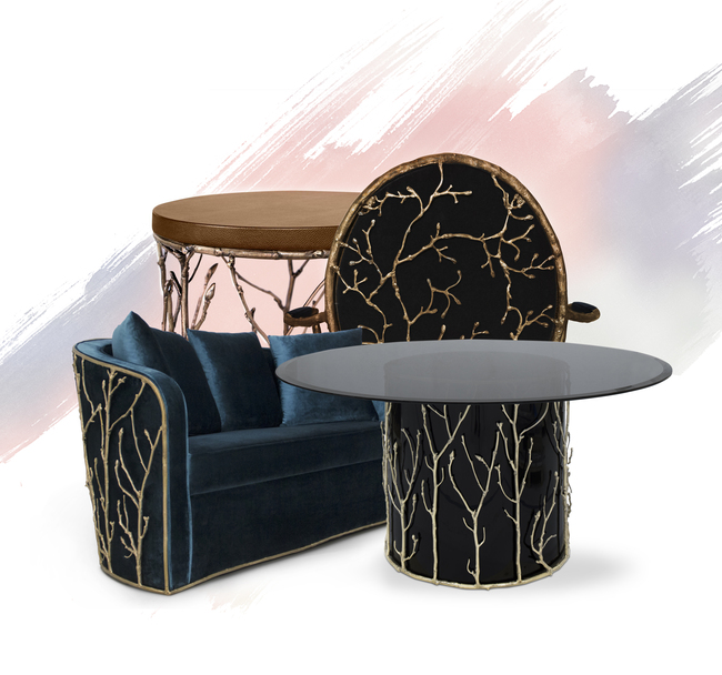 enchanted collection by koket - table, sofa, side table, dining table, dining chair - metal case branches