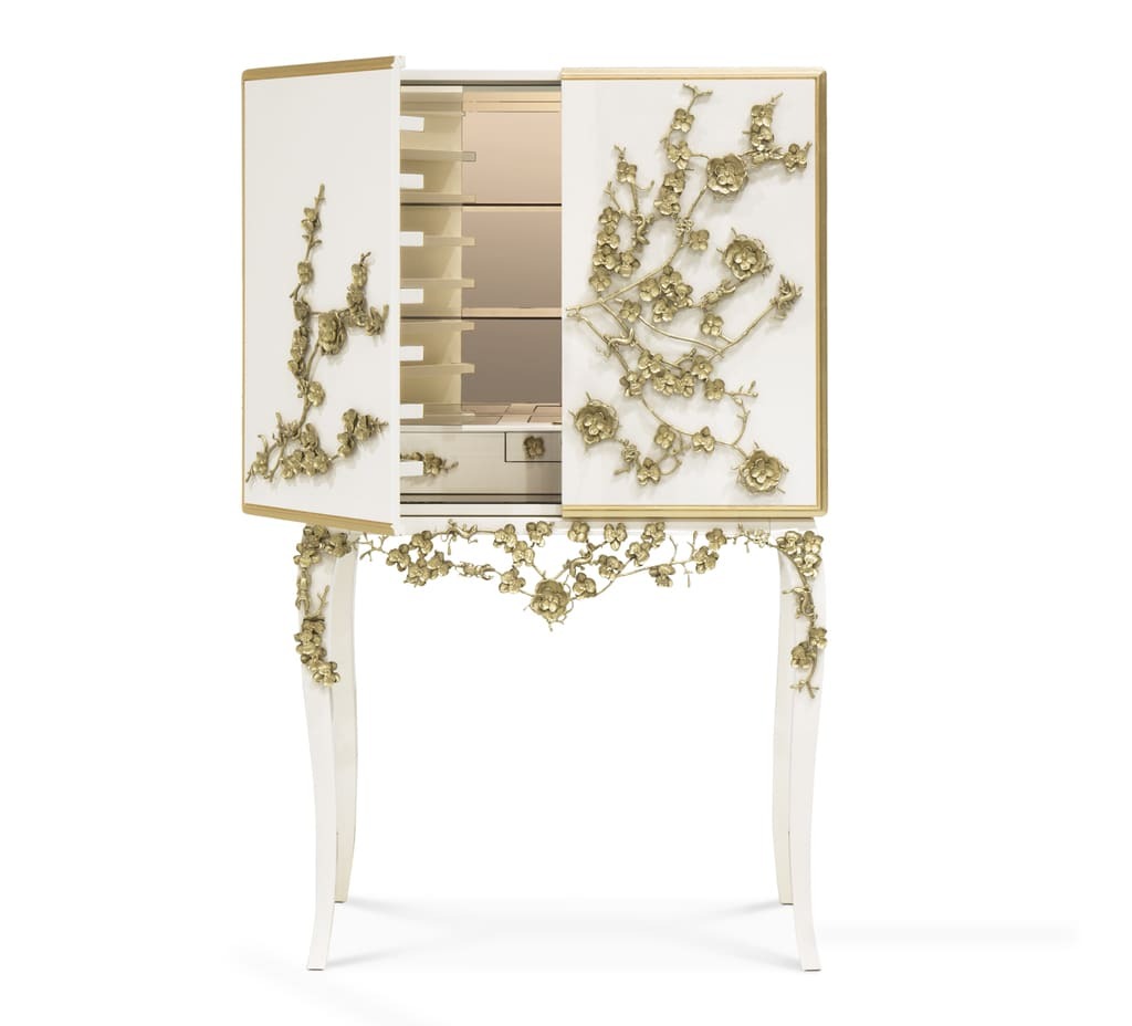 bar cabinet design with floral metal lace and white lacquer