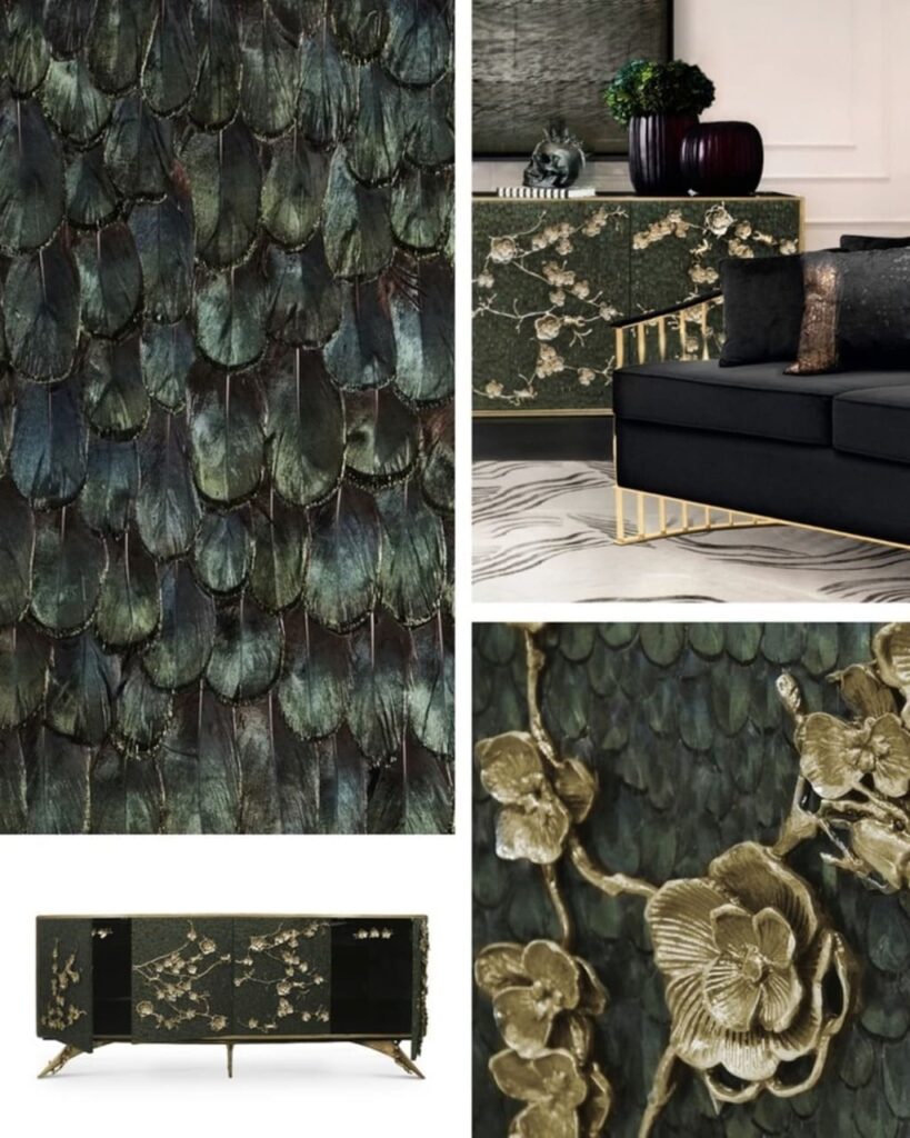 peacock feathers on luxury furniture by koket